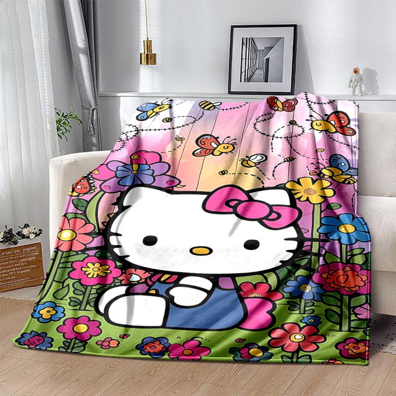 1pc Flowers and Butterflies Hello Kitty in a Colorful Garden Blanket, Soft Throw for Home Decor, Gift Idea for Family and Friend, Seasonal Use Blanket