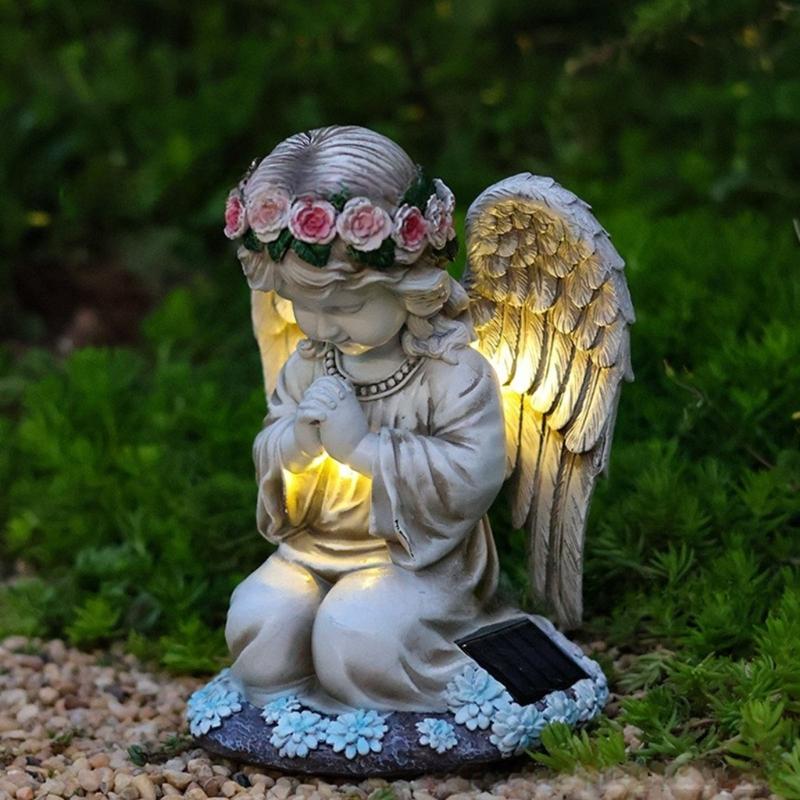 Figurka Anioła Modlącego LED Lampa Solarna do Dekoracji Ogrodu i Podwórka Wodoodporna Statua Ornament Nagrobny Cmentarny