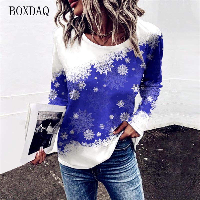 

Женские футболки с рисунком снежинок, осень-зима, уличная одежда с длинными рукавами в рождественском стиле, женские футболки 6XL, повседневные топы больших размеров 4XL
