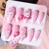 24Pcs Pink French Leopard Hello Kitty False Nails 3D Y2k Star Heart Kitty Cat Rhinestones Press On Nails Cute Cartoon Fake Nails