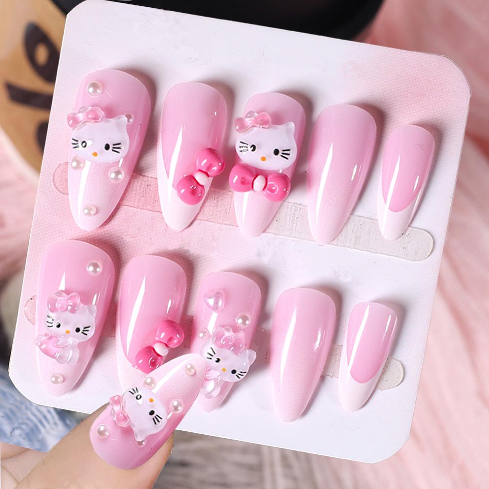 24Pcs Pink French Leopard Hello Kitty False Nails 3D Y2k Star Heart Kitty Cat Rhinestones Press On Nails Cute Cartoon Fake Nails