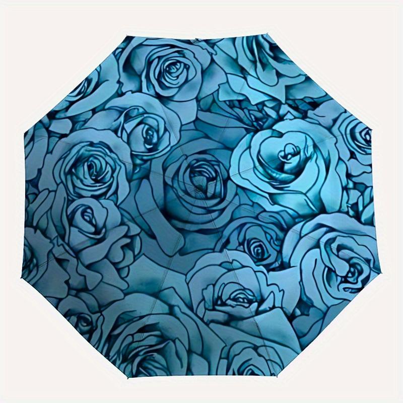 

1pc Roses Blue Automatic Open/close Folding Compact Umbrella, 8-Rib Sturdy Canopy, Lightweight Portable, Everyday Use, Gift, Outdoor Umbrella, Travel