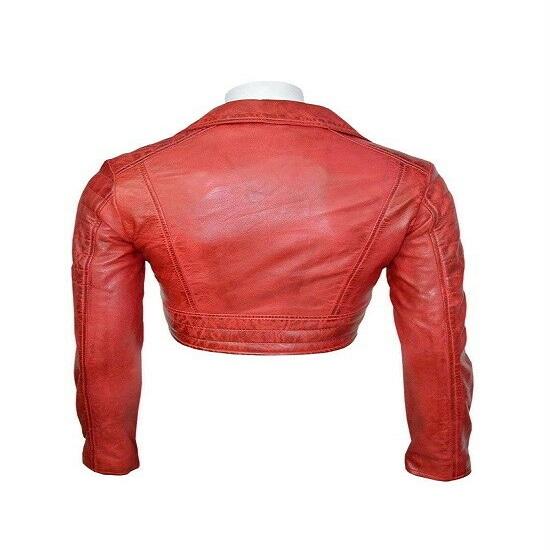NOORA Women's Rose Red Cropped Biker Leather Jacket