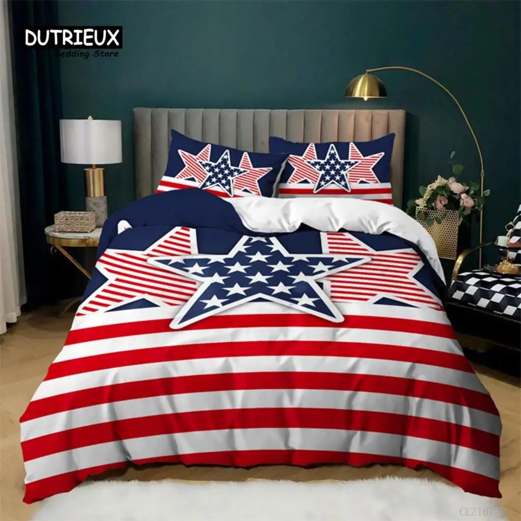 National Flag Bedding Set Queen Size Microfiber Geometric Stripe American Flag Print Duvet Cover With Pillowcases Bedroom Decor