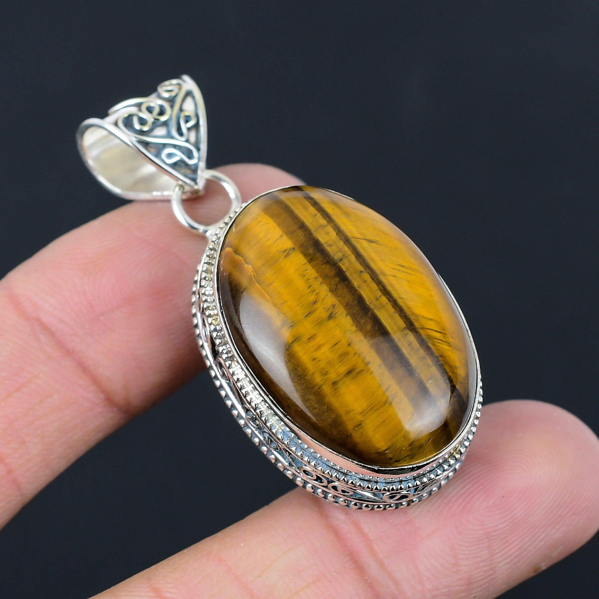 Womens day Sale Oval Sacral Chakra Tiger Eye Stone Wife Pendant Sterling Silver