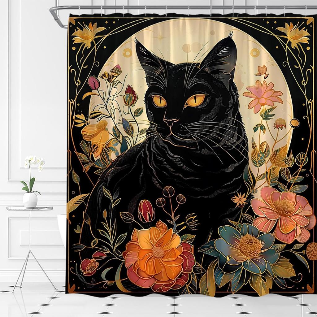 Black Cat Shower Curtain Boho Floral Vintage Flower Retro Aesthetic Mystic Witchy Moon Abstract Bathroom Curtain Set with Hooks