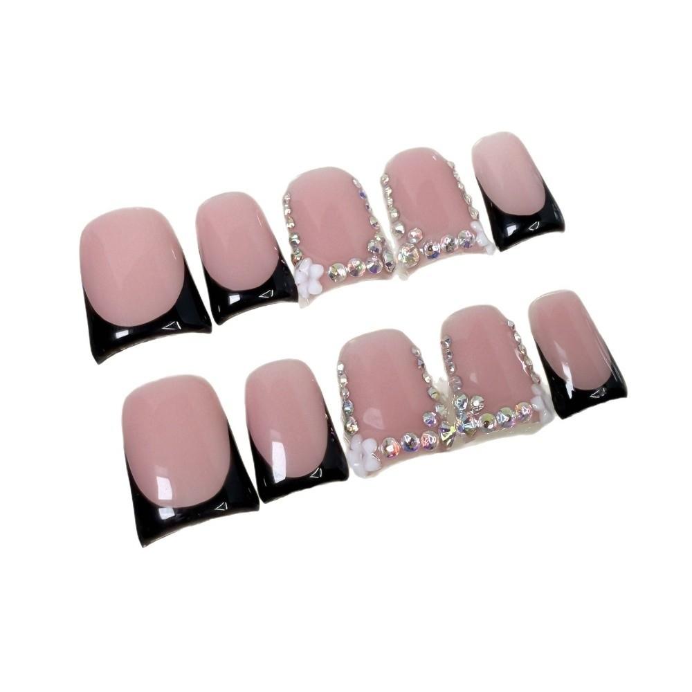 Pink Color Press On Nails White French Tip Handmade False Nails Rhinestones Design 3D Carving Duckbill Nails Wearable Nails