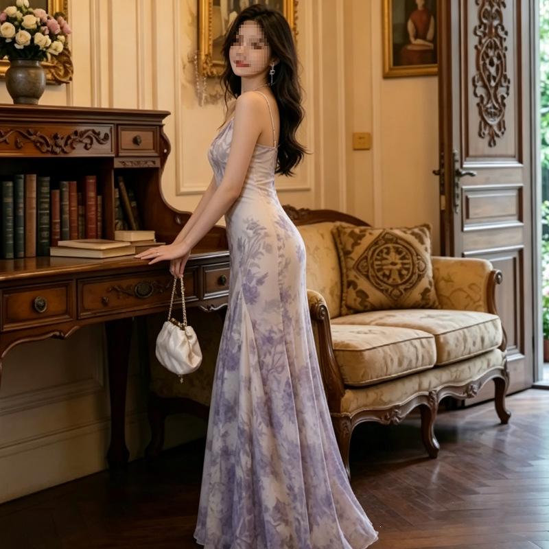 New Chinese-style purple suspender dress, spring and summer new step-by-step lotus waist and thin temperament fishtail skirt