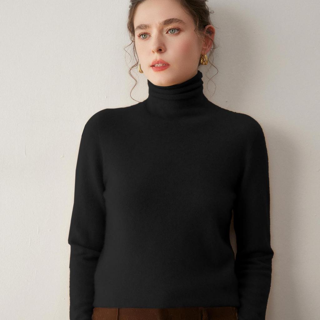 Women's High-Neck Cashmere Sweater - Solid Color, Slouchy, Winter Base Layer