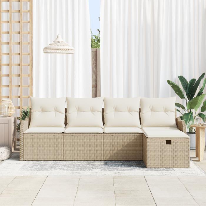 Ensemble de Canapés de Jardin 5 pièces avec Coussins Beige Poly Rattan, Canapé de Jardin 2 places avec Coussins Beige Poly 3358960