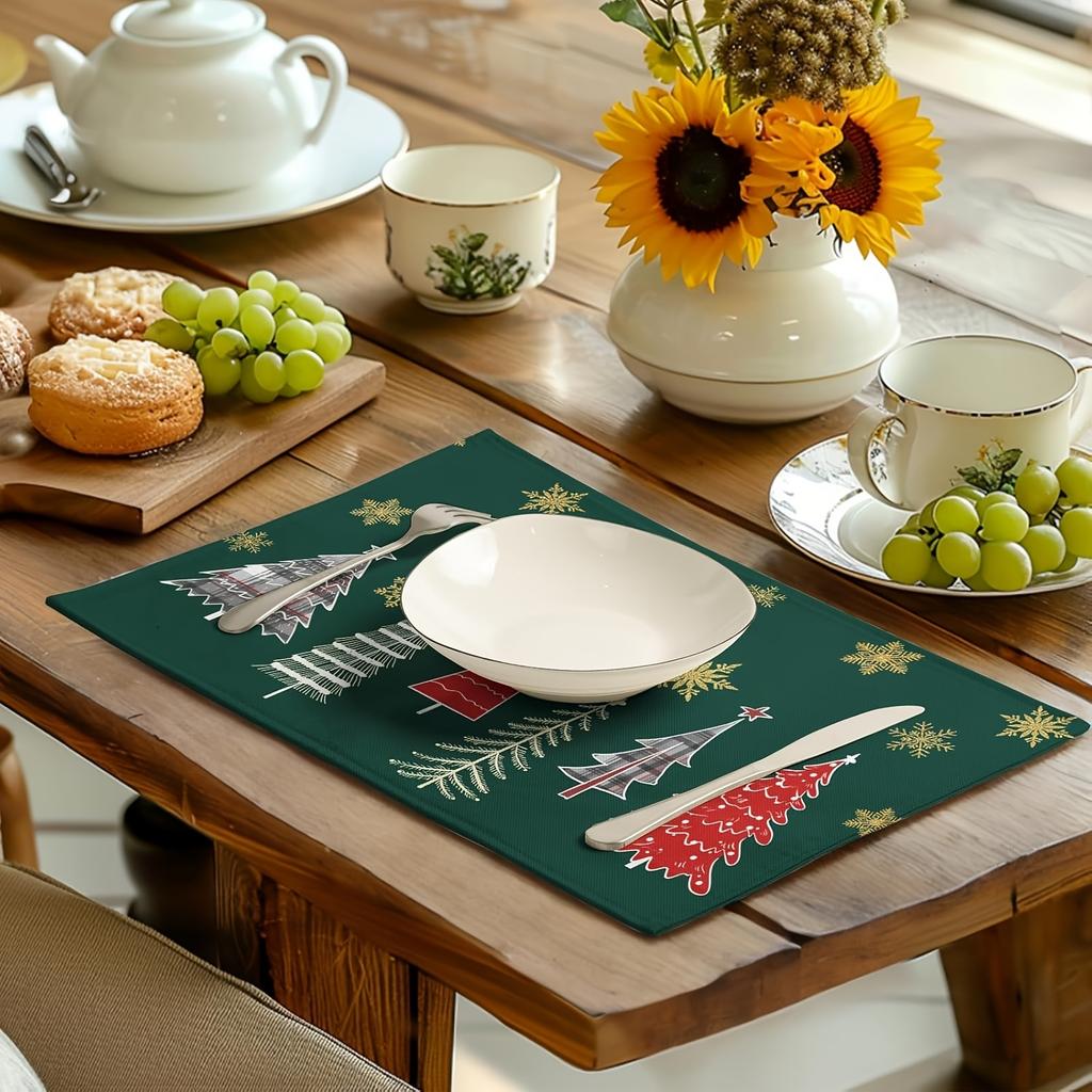 1/2/4/6/8pcs Green Snowflake & Linen Placemats Suitable for Christmas Table Setting - Rectangular 12x18 Inch Machine Washable Holiday Dining Table
