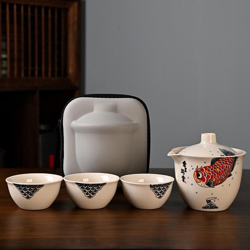 Kleine Gelbe Katze Ru Kiln Reise-Teeset Tragbare Express-Tasse Ein Kännchen Drei Tassen Outdoor Kung Fu Teetassen