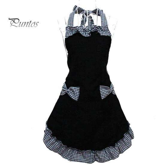Women Cute Bowknot Decor Pocket Apron Plaid Print Splicing Adjustable Lace-up Kitchen Flirty Apron Mother Day Gift