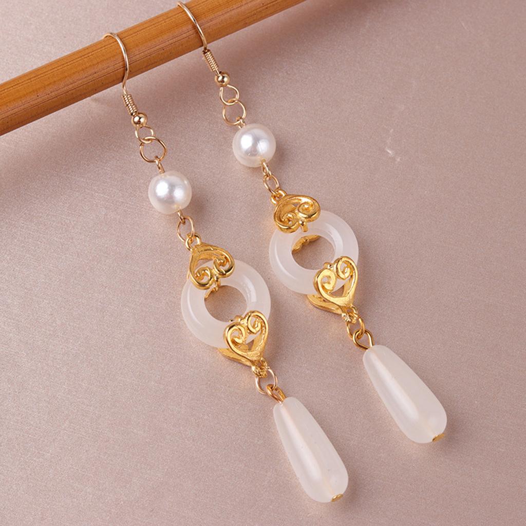 Chinese Fan Pendant Drop Earrings Elegant Retro Style Green/White Jade Earrings for Festival Wedding Party Head Decor