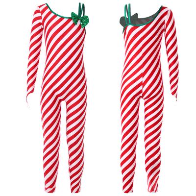 Kids Girls Novelty Candy Cane Striped Christmas Costume Jumpsuit Xmas Santa Claus Bodysuit Dance Leotard