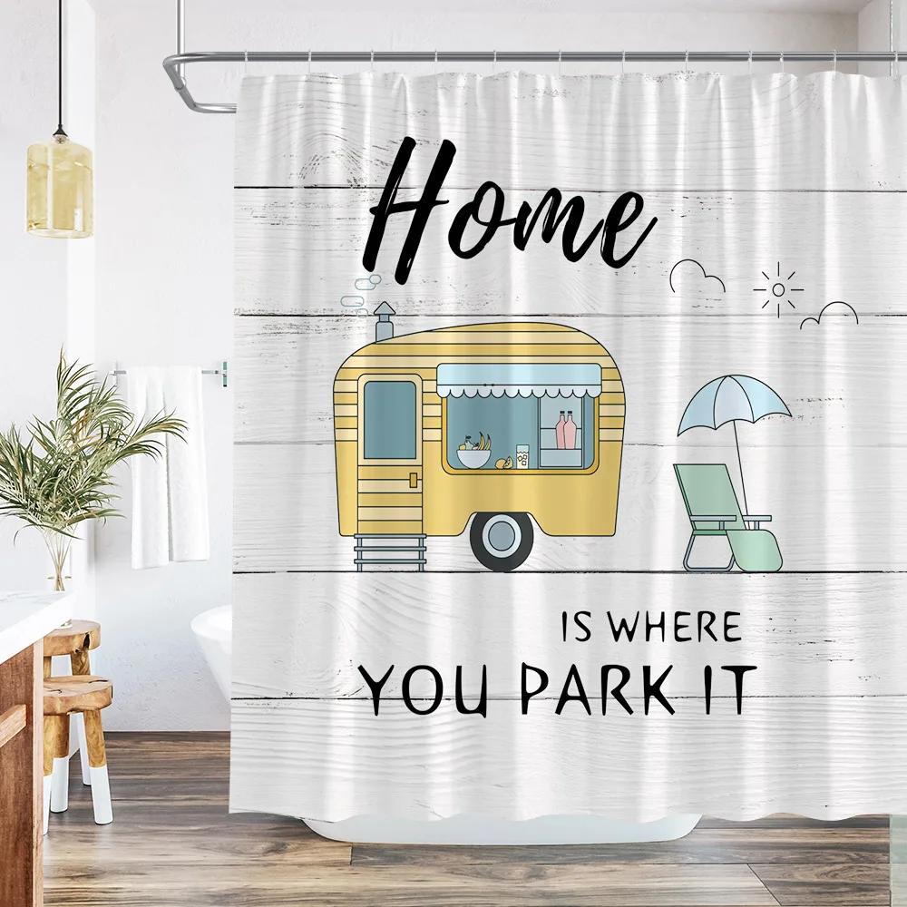 

Camper Rv Shower Curtain Rustic Farmhouse Wood Board Trailer Camping Car Surfboard Tropical Palms Trees Bathroom Decor With Hook W60H190(CM)-1 Pcs