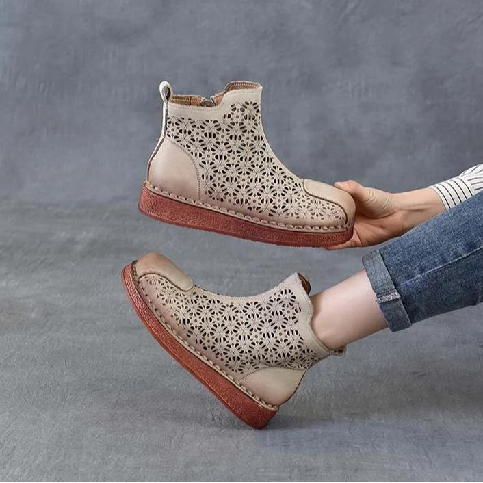 Johnature Ethnic Style Retro Soft Soled Hollow Out Boots Versatile Genuine Leather Flat Women's Sandals