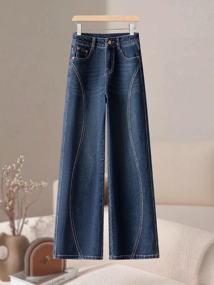 Women's Retro Blue Wide-Leg High-Waist Fleece-Lined Jeans: Autumn/Winter 2025 Collection
