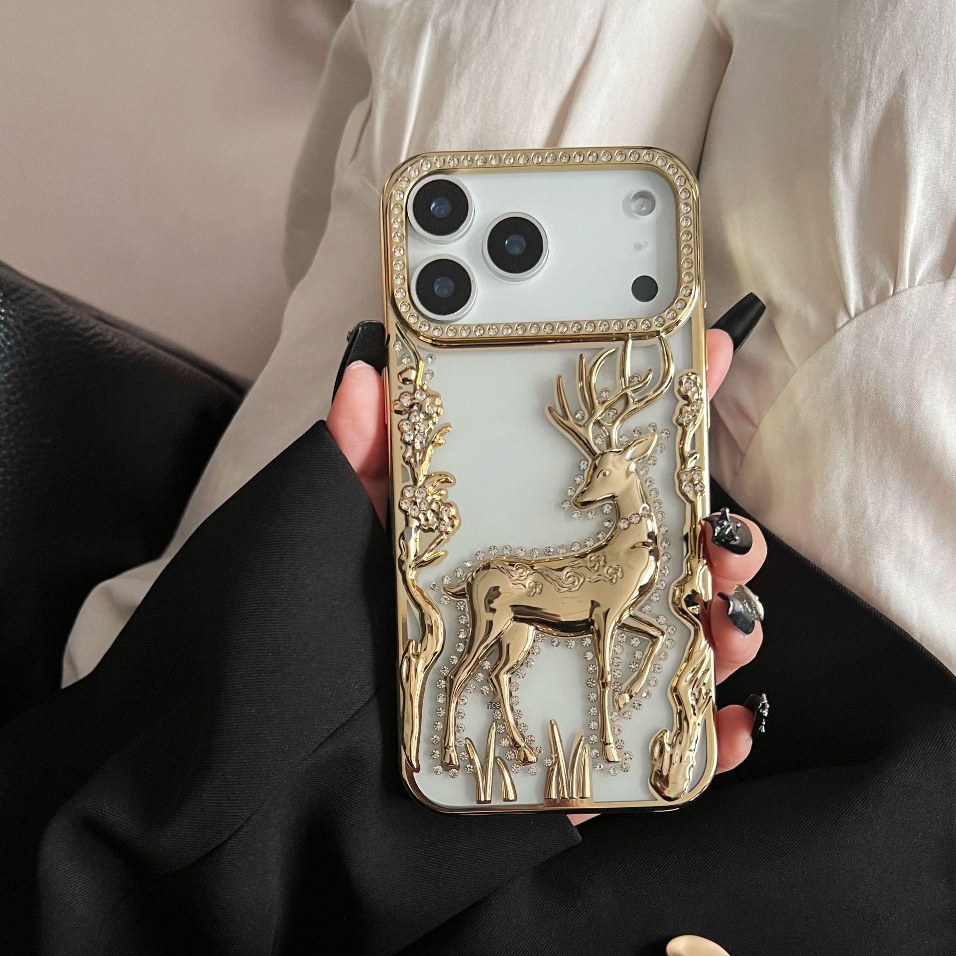

Electroplated Glitter 3D Elk Rhinestone Phone Case for iPhone 17 Pro Max/Luxury Rhinestone Soft Case for Apple 16, 15 iPhone 12 Pro