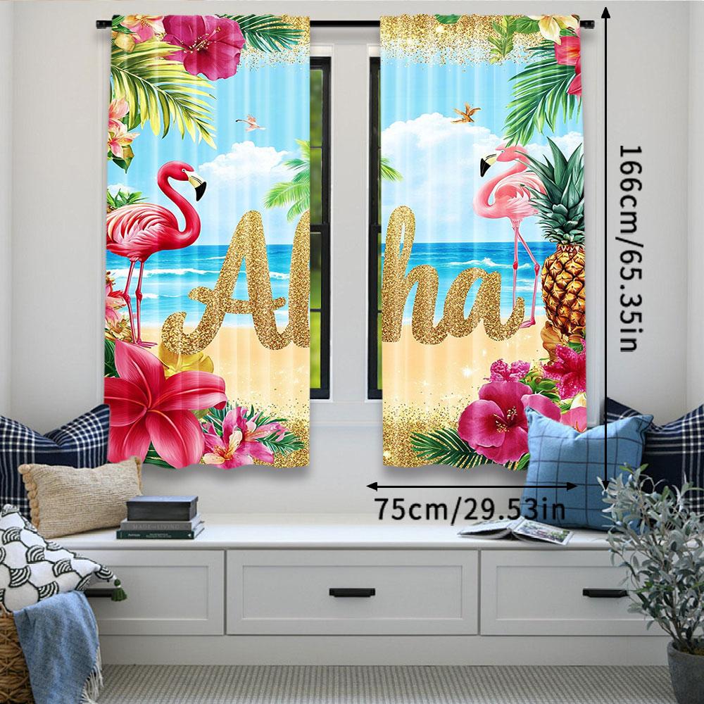 2Pcs Curtain Hawaiian For Party Decorations Tropical Palm Leaves Flower Beach Suitable For Living Room Bedroom And Many Other