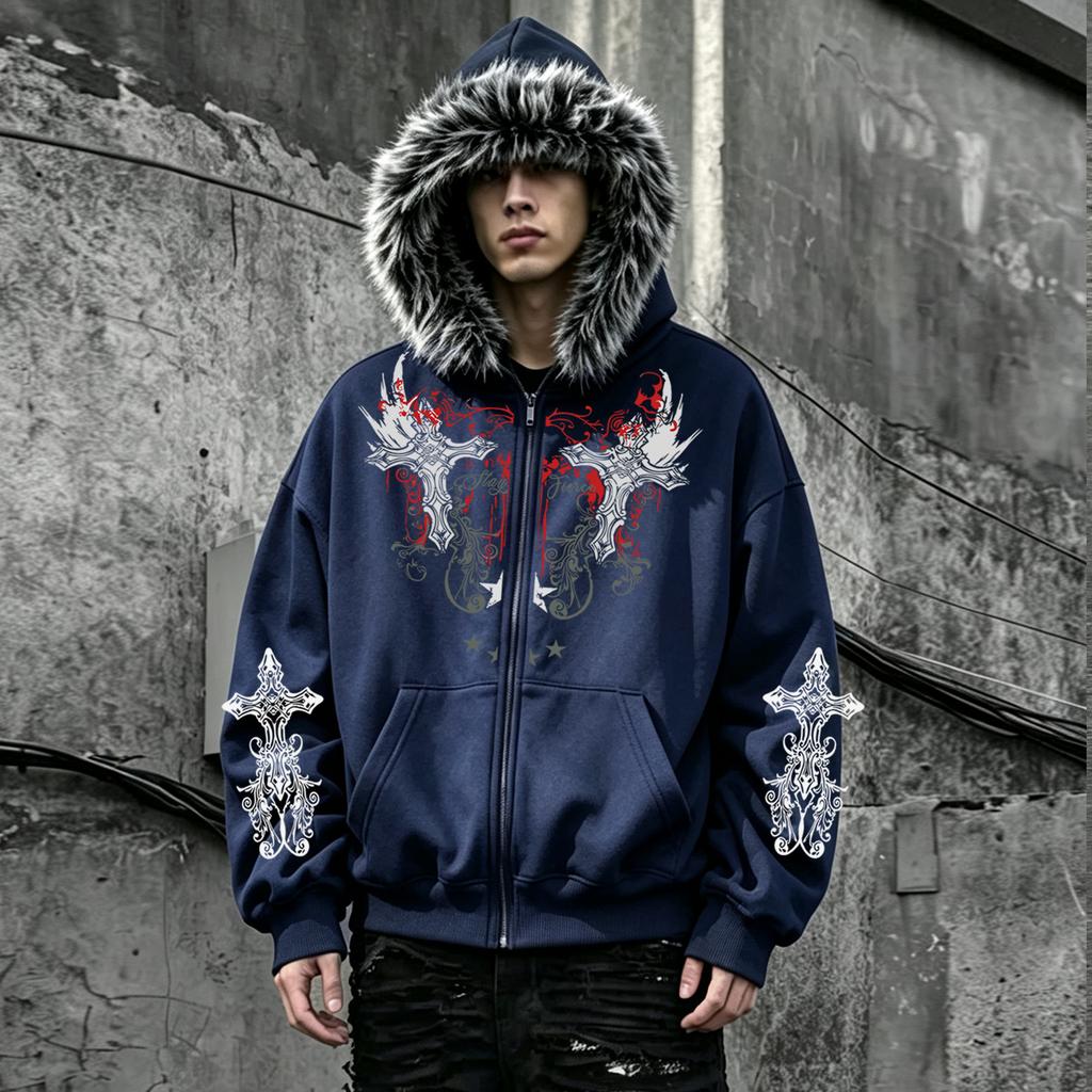Retro, Relaxed-Fit Faux-Fur Collar Zip-Up Hoodie with Thick, Fleece-Lined Interior, Zipper Closure, and Multiple Pockets