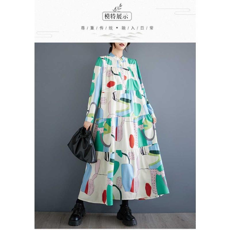 Loose and Thin Fashion Long-sleeved Printed Mid-length Dresses