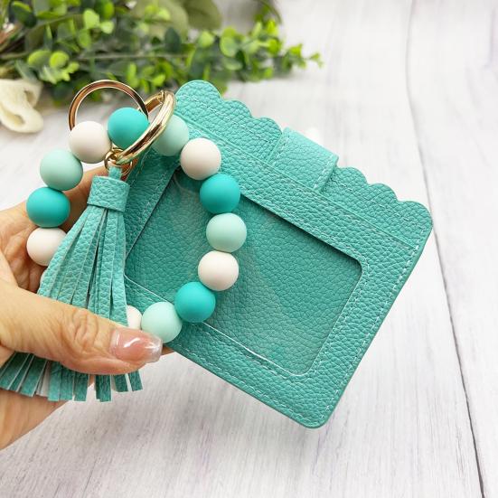 Silicone Bracelet Keychain Wallet Beaded Wristlet Credit Card Holder with Tassel Slim Card Wallet with ID
