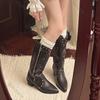 Fashion Retro Pointed Toe Chunky Heel Western Cowboy Boots Women Spring Autumn Side Zipper Rivets Embroidery V-mouth Long Knight Botas