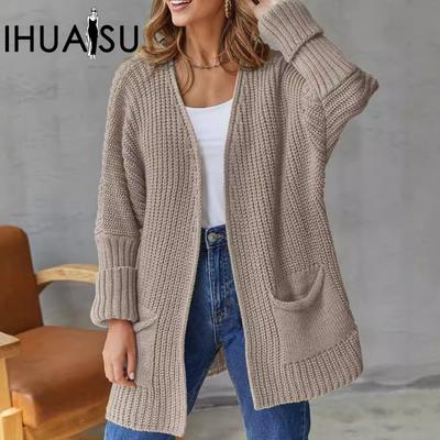 Women's Large Size Casual Pocket Knitted Cardigan Sweater Commuter Style Loose Mid-Length Jacket