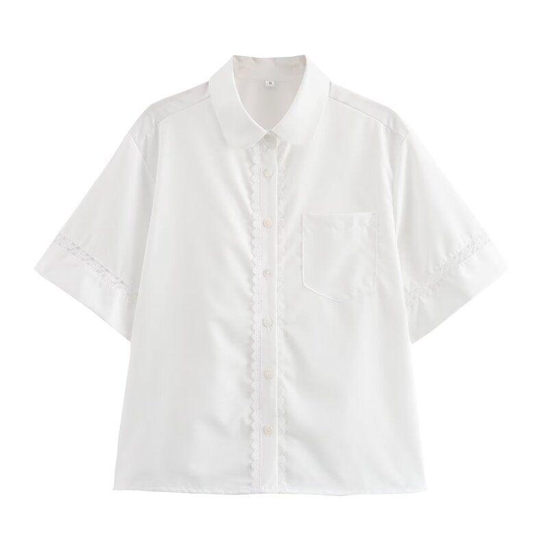 Fashion Style 2024 Summer New Arrival Women's Clothing Artsy Comfortable Modal Anti-Wrinkle Short Sleeve Shirt Ingot Collar Lace