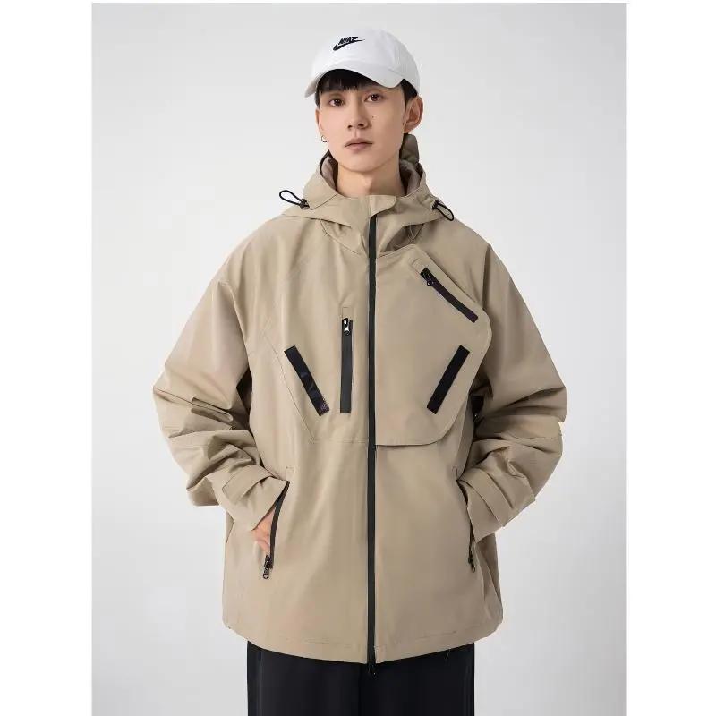 

Мужская водонепроницаемая ветровка с капюшоном, функциональная куртка для активного отдыха с множеством карманов L хаки