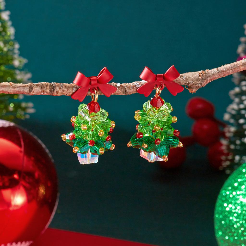 Christmas Tree Earrings Girls Alloy Red Bow Sparkling Jewelry With Holiday Style For Women