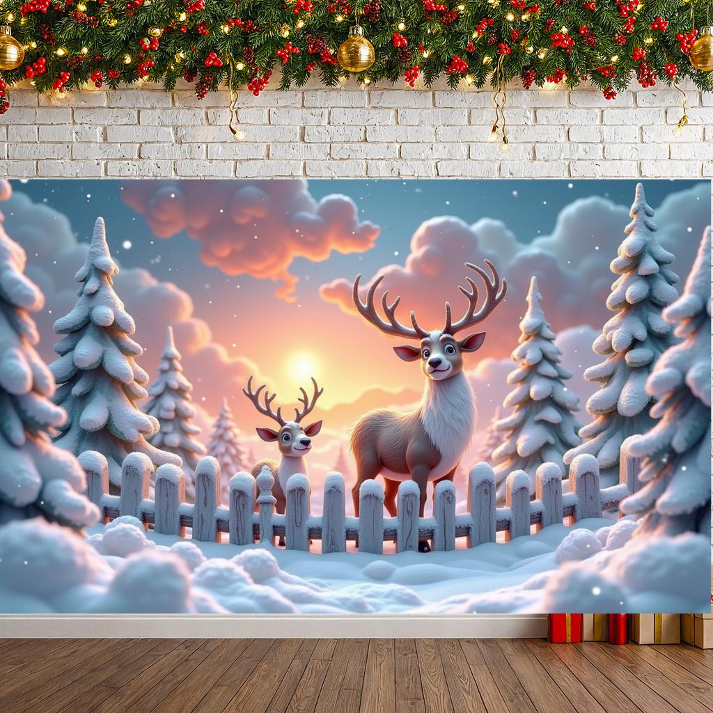 Christmas Backdrop Snow-Covered Winter Reindeer Banner Holiday Background Wildlife Design Winter Wildlife Banner For Winter