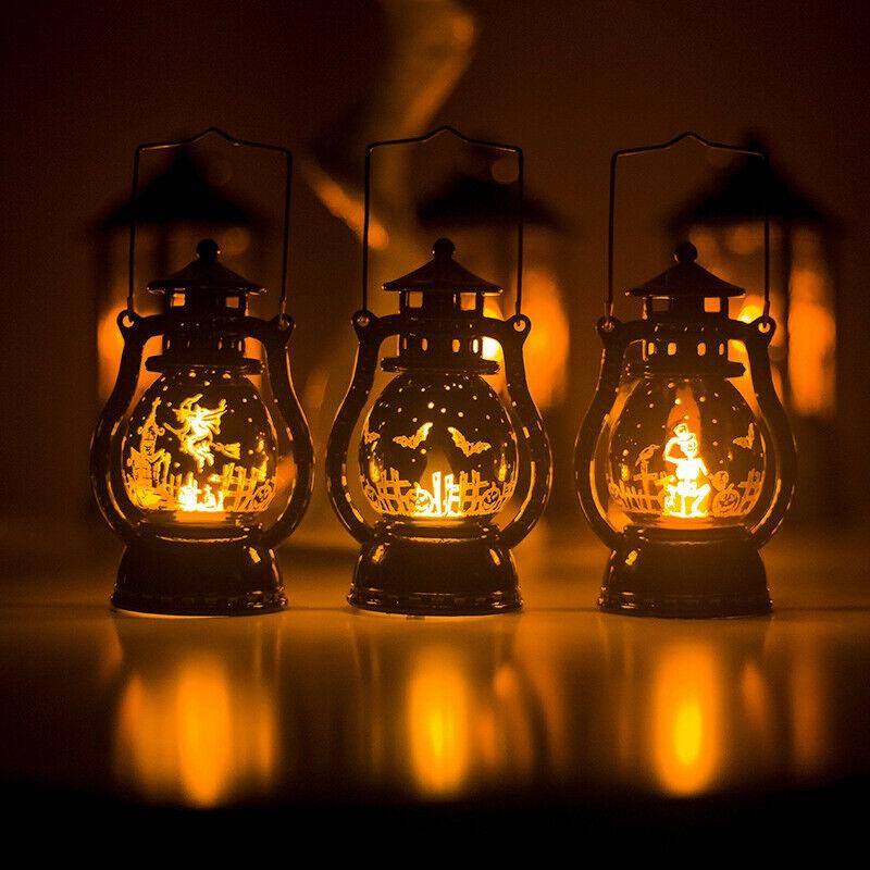 Vintage Halloween Led Lantern Lights Featuring Spooky Witches And Bats For Festive Parties
