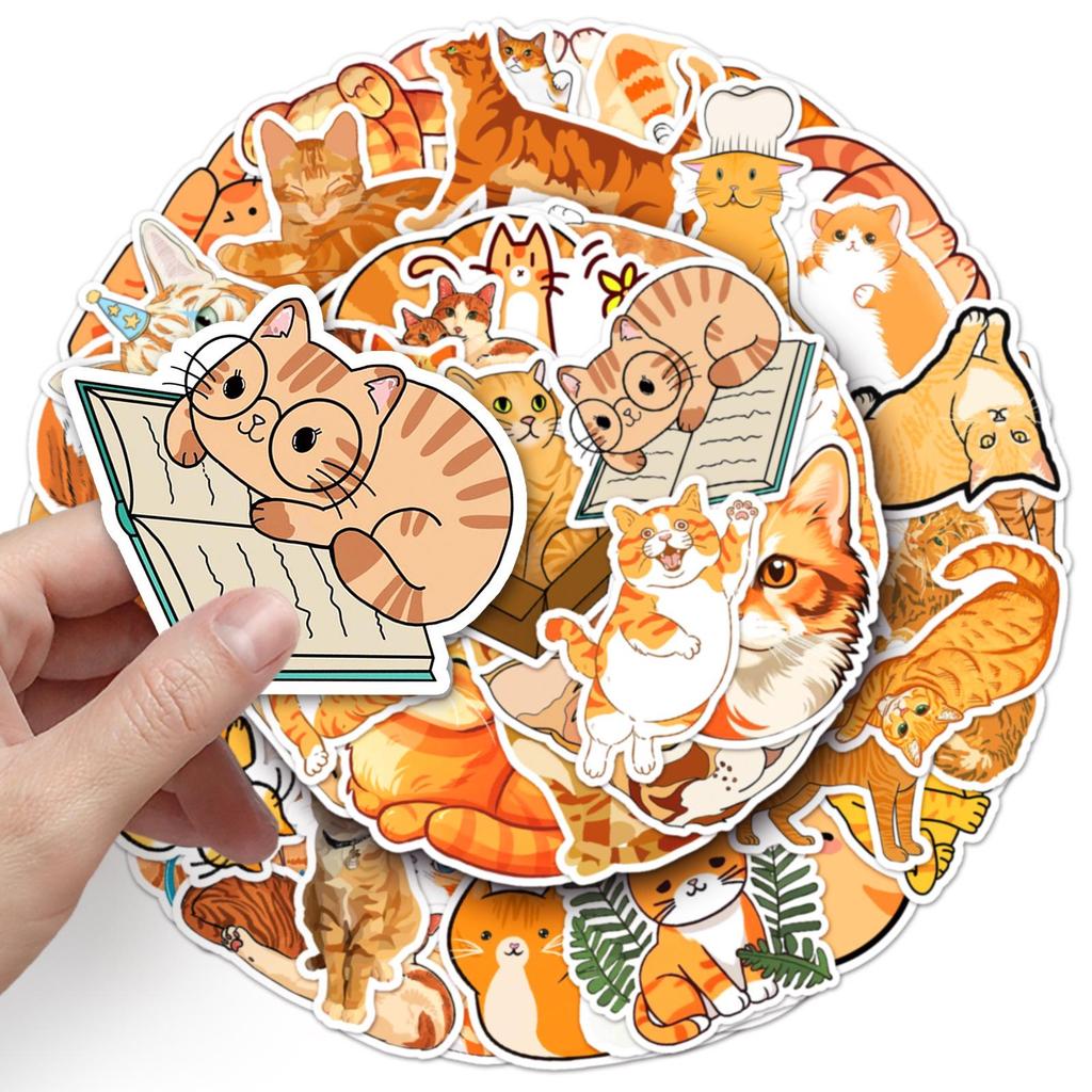 50 Waterproof Cartoon Orange Cat Stickers for Cute Pets, Milk Tea Cups, and Journals