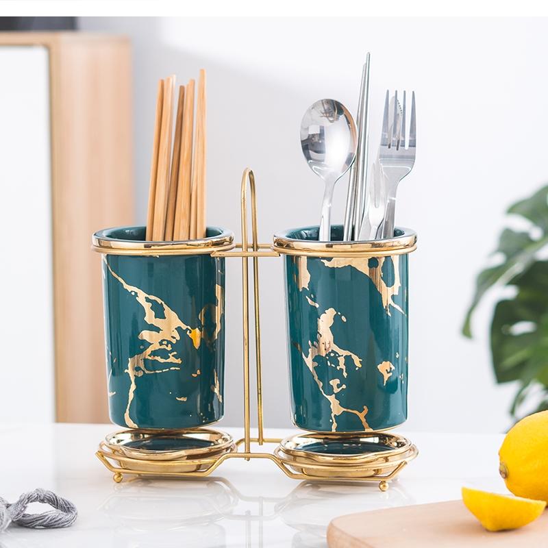 Nordic Luxury Ceramic Marble Pattern Chopsticks Tube Home Emerald Phnom Penh Drain Rack Kitchen Storage Bucket