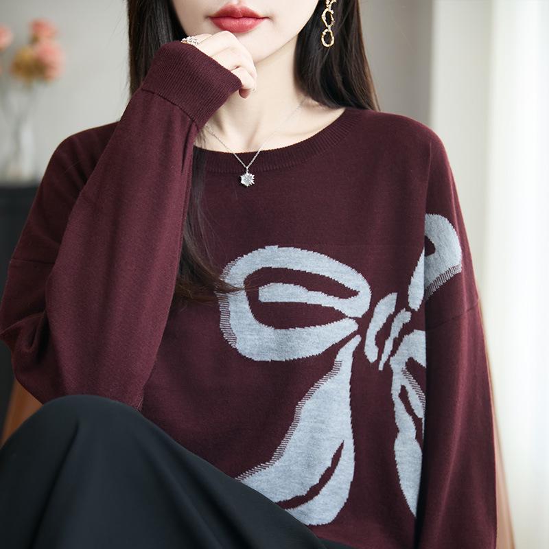 Jacquard Women's Loose Knit Sweater: Round Neck, Long Sleeve, Plus Size, Autumn/Winter High-End Fashion.