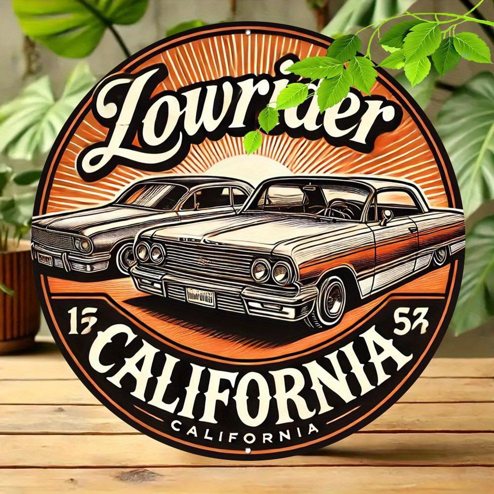 D Flat pc Vintage California Bass Car Aluminum Sign Retro Lowrider California Design Wall Art cm Round Metal Decor 20x20cm(8x8inch)