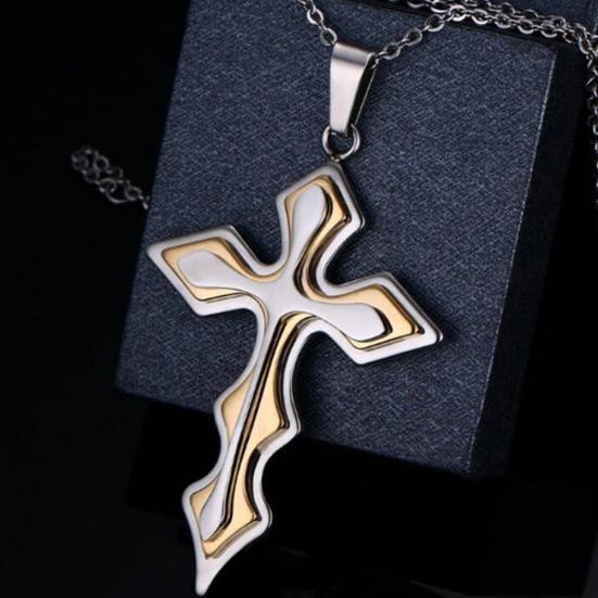 2Pcs Men Fashion Rhinestones Inlaid Jesus Cross Pendant Chain Necklace Gift
