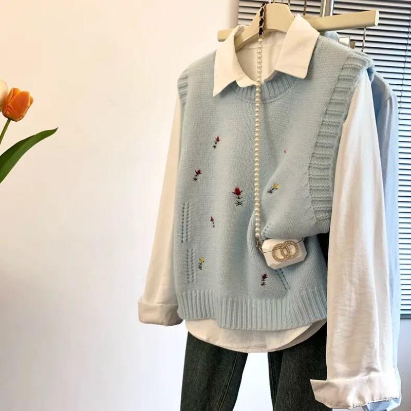 

Женский трикотажный жилет без рукавов с вышивкой в виде цветов, весенний корейский многослойный верх L синий