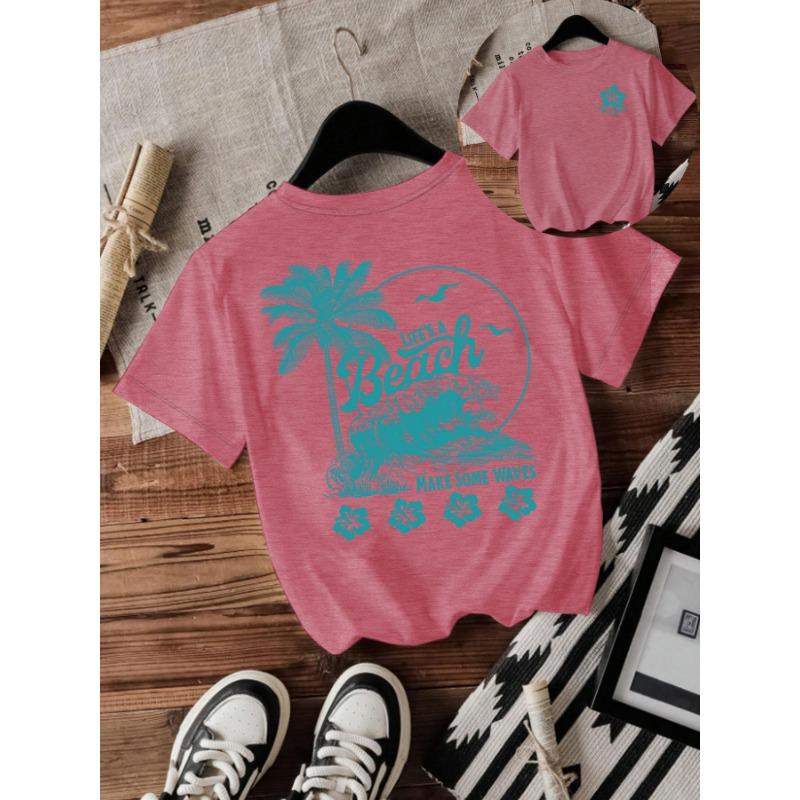 Modisches Rundhals-T-Shirt mit Strand- und Wellenprint und lockeren kurzen Ärmeln