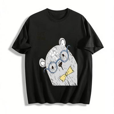 Cute Glasses Bear Print Casual T-Shirt for Adults and Kids Loose Breathable Daily Wear Top Pure Cotton T-shirt