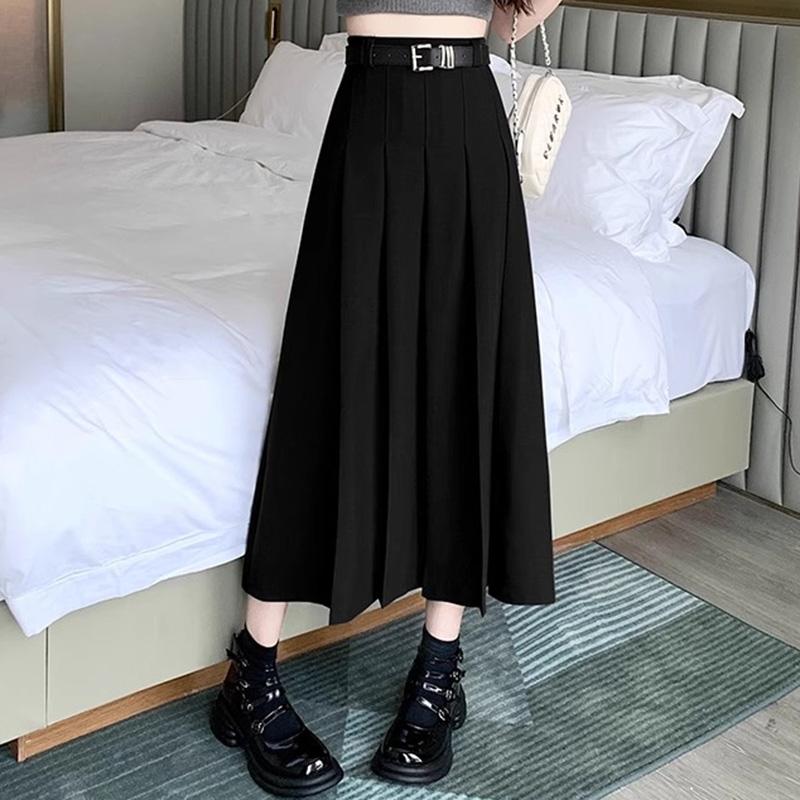 Women Vintage Solid Color JK Long Skirts Girls Elegant Comfortable Leisure Dress Female Sweet A-Line Zipper Pleated Skirts