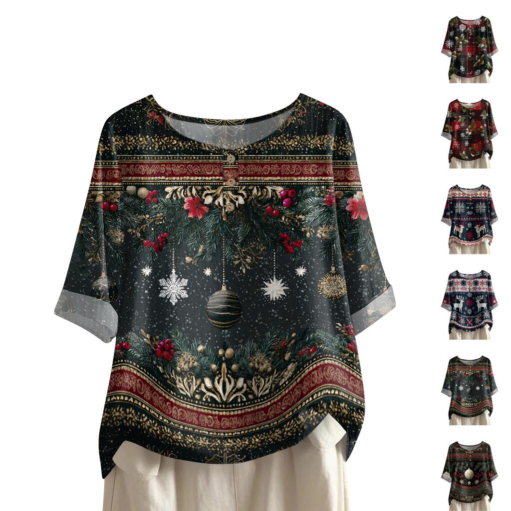 Women's Fashionable And Casual Shirt Half-sleeve Round Neck Print Cotton And Linen Blouse Top