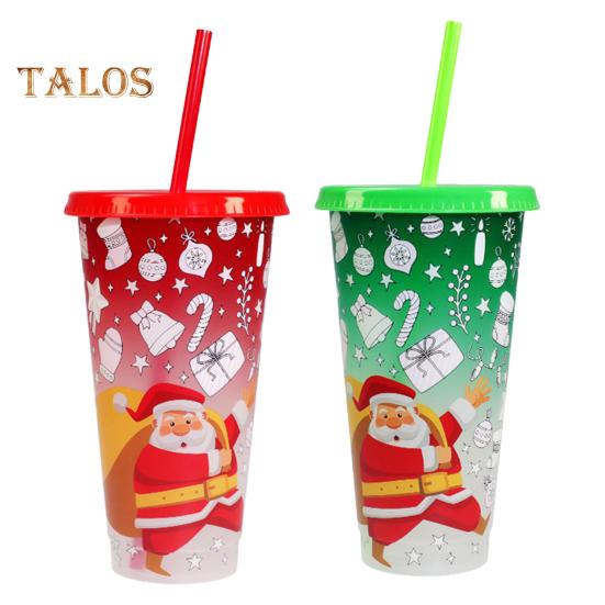 710ML Christmas Color Changing Cups with Lids Straws Reusable Food-Grade Santa Claus Design Cups for Adults Kids Prevents Straw Slipping Leak-Proof