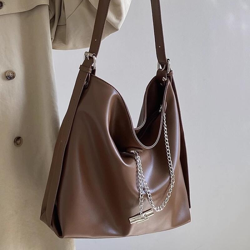 Tote Bags New Women's Fashion Retro Korean Advanced Chain Bag Solid Color Soft Skin High Capacity Trend Versatile Shoulder Bags
