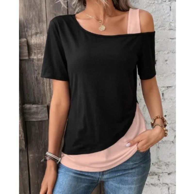 

Женская футболка с круглым вырезом в стиле колор-блок, повседневная футболка с открытыми плечами с одной стороны, весна-лето M розовый