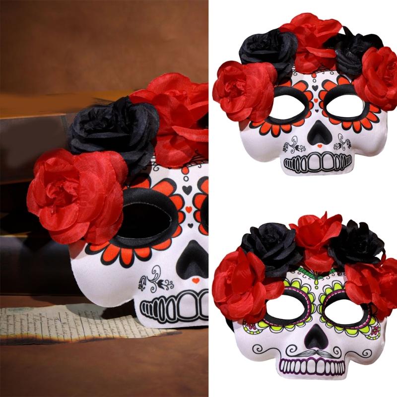 Masquerades Mask Mexicans Day of The Deads Sugar Skull Mask with Rose Decorations Fancy Dress Rose Suger Skeleton Mask