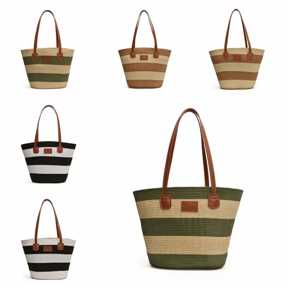 Lightweight Stripe Woven Tote Bag Polyester Summer Beach Handbag Shopping Straw Bag  School
