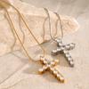 18K Gold Stainless Steel Cross Necklace with White Zircon Pendant